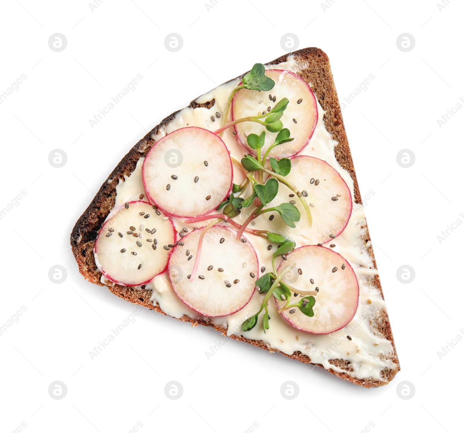 Photo of Tasty toast with radish, sprouts and chia seeds on white background, top view