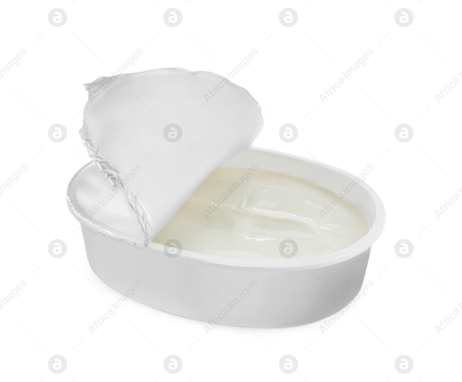 Photo of Container with tasty cream cheese isolated on white