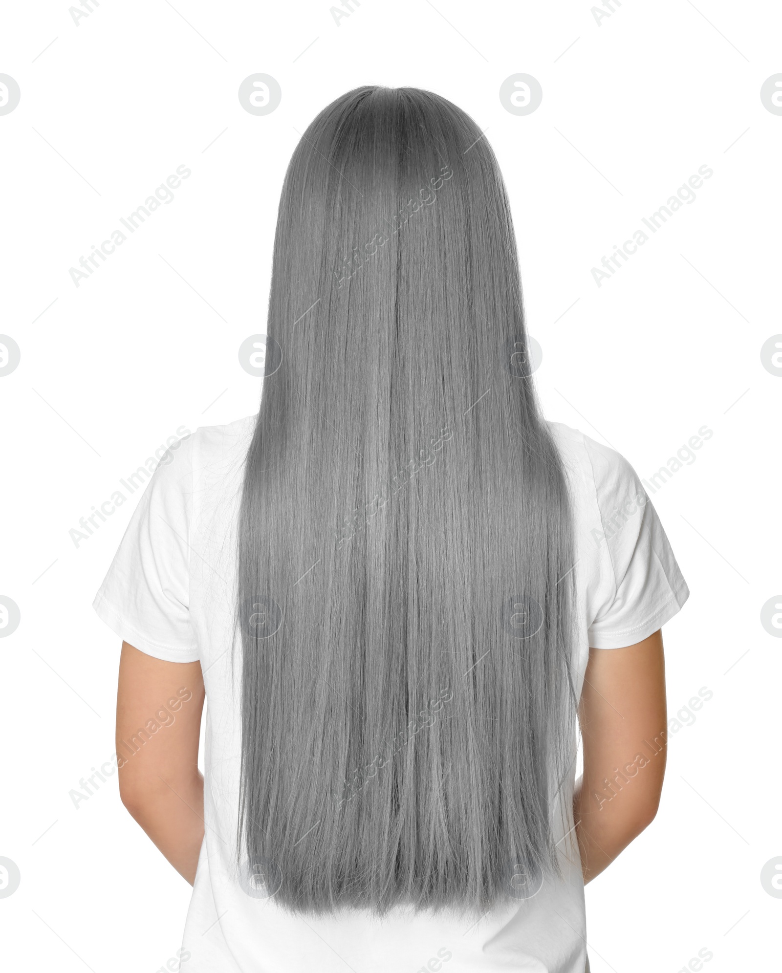 Image of Woman with gray hair on white background, back view