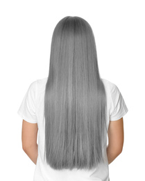 Image of Woman with gray hair on white background, back view