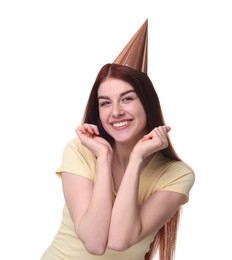 Photo of Happy woman in party hat on white background