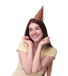 Happy woman in party hat on white background