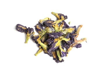 Organic blue Anchan on white background, top view. Herbal tea