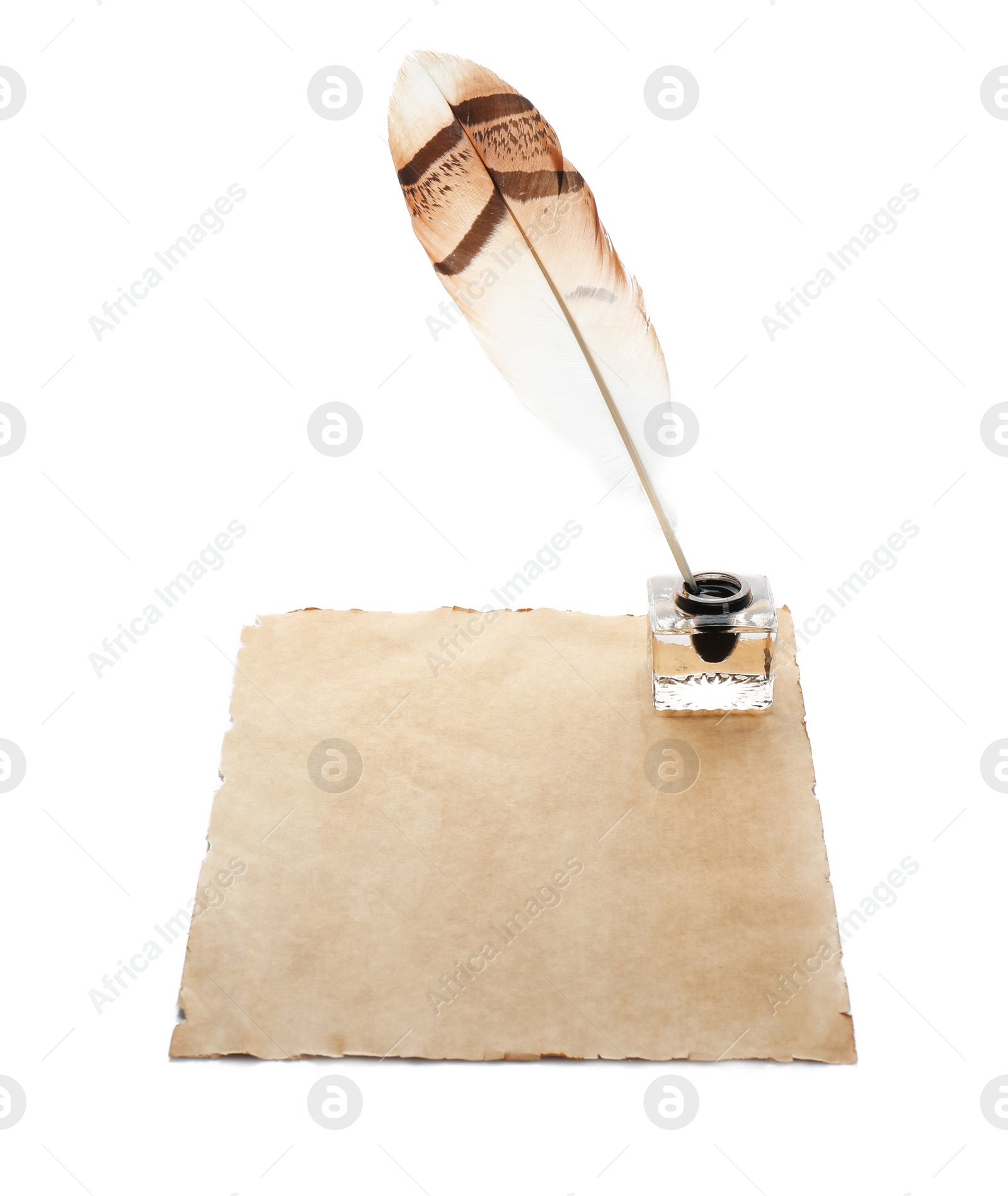 Photo of Feather pen with inkwell and blank paper on white background. Space for text