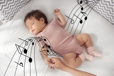 Lullaby songs. Mother holding her sleeping baby's hand on bed, top view. Illustration of flying music notes around child