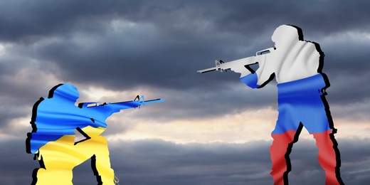 Image of Silhouettes of soldiers in colors of Ukrainian and Russian flags against cloudy sky