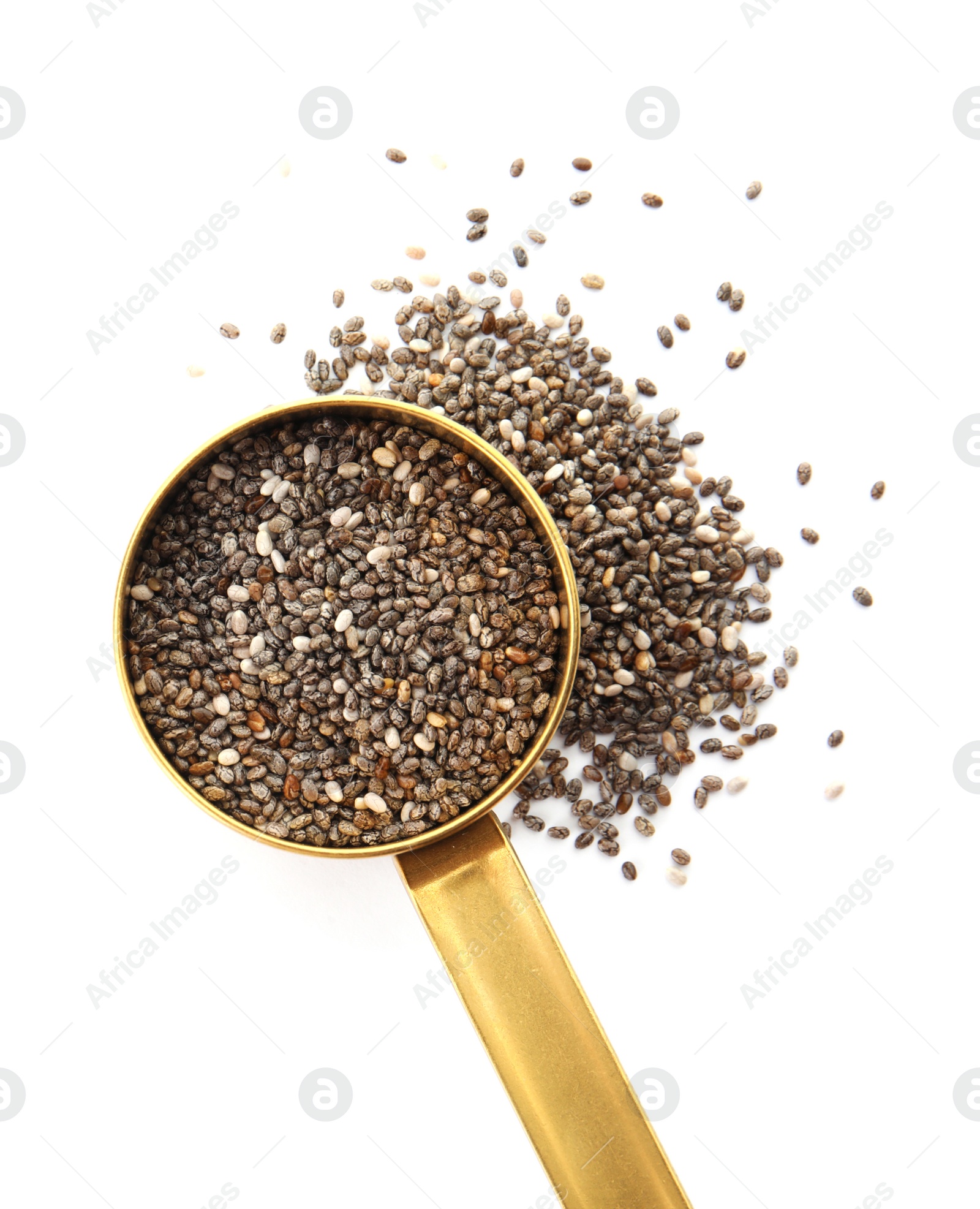 Photo of Saucepan and chia seeds isolated on white, top view