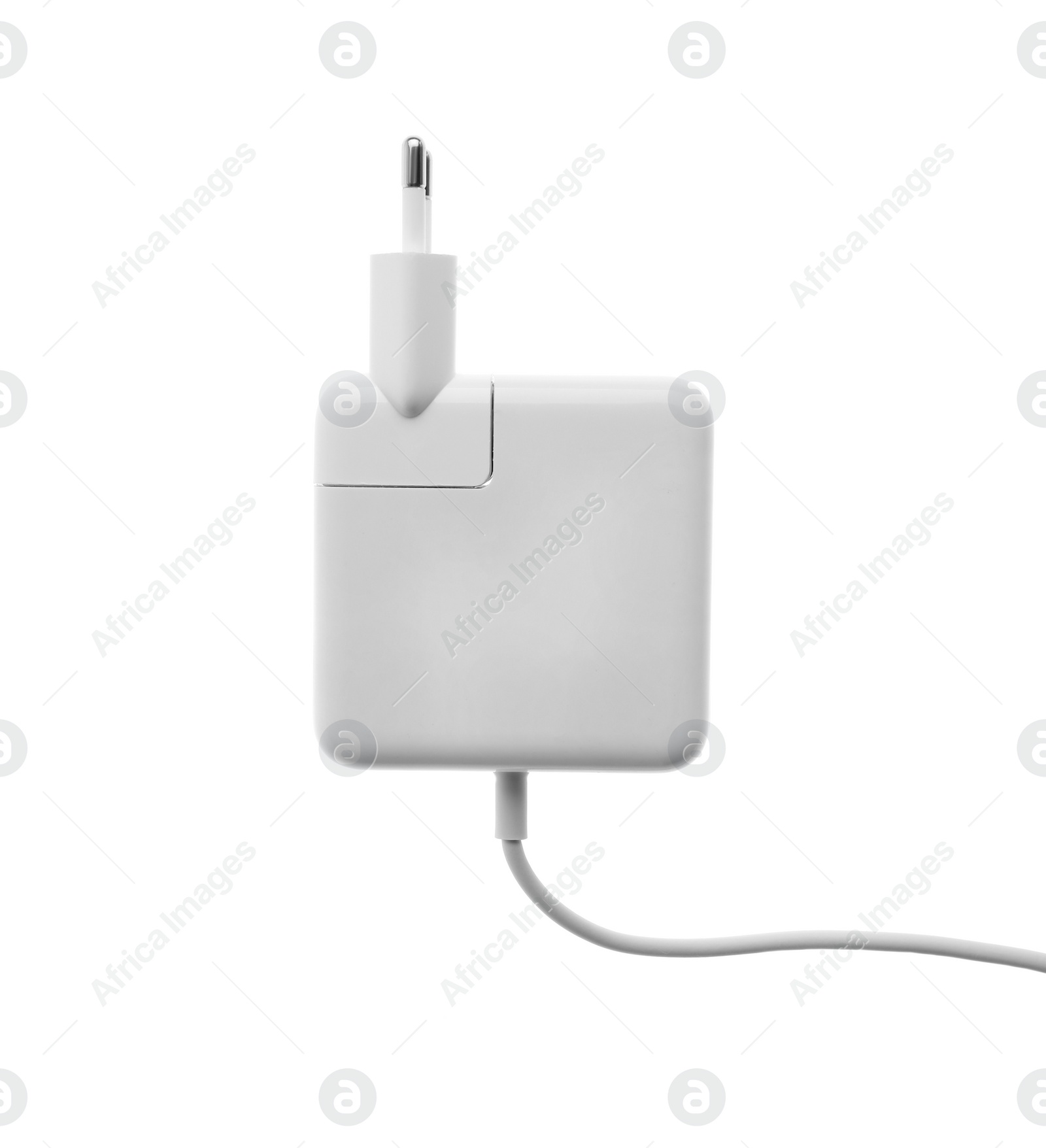 Photo of Power adapter for battery charging isolated on white, top view