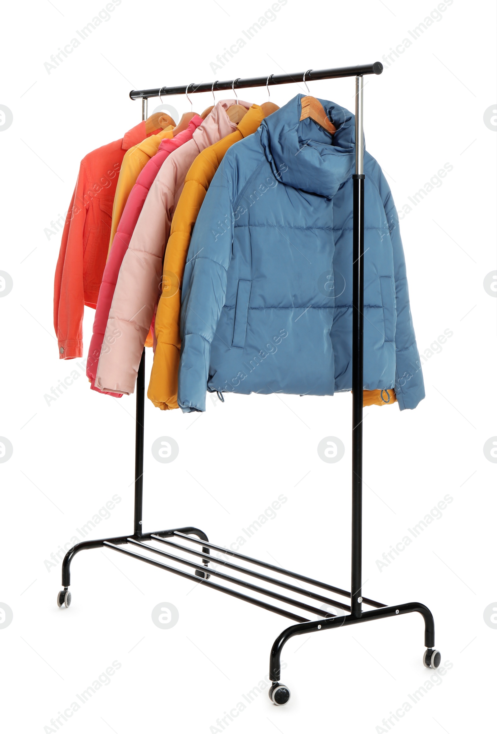 Photo of Rack with stylish jackets isolated on white