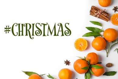 Image of Hashtag Christmas, ripe tangerines, cinnamon sticks and anise stars on white background, flat lay