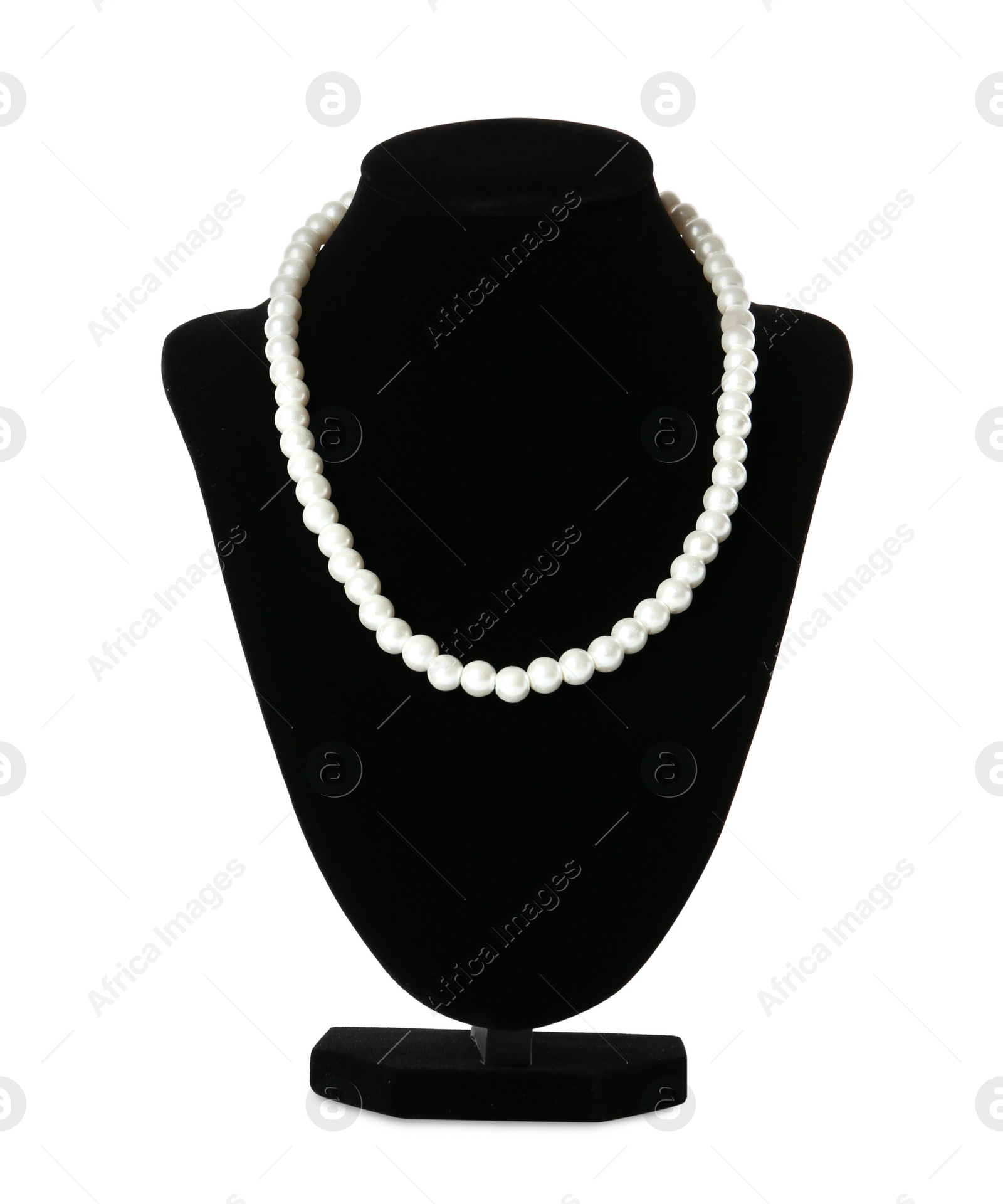 Photo of Stylish pearl necklace on jewelry bust against white background