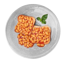 Photo of Toasts with delicious canned beans isolated on white, top view