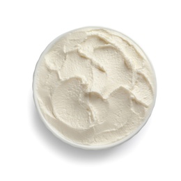 Bowl of tasty cream cheese on white background, top view