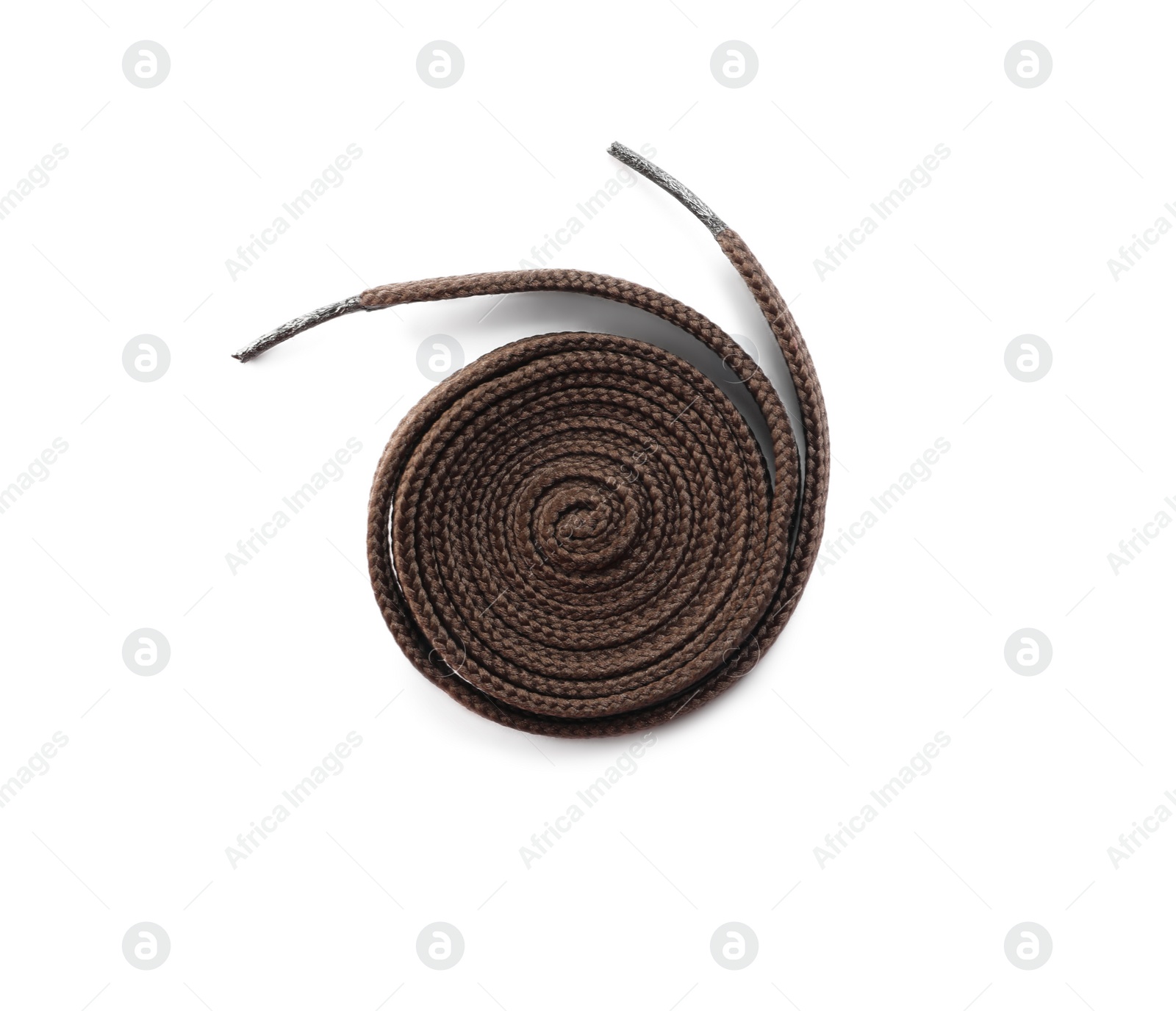 Photo of Dark brown shoe lace isolated on white, top view