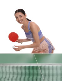 Beautiful young woman playing ping pong on white background