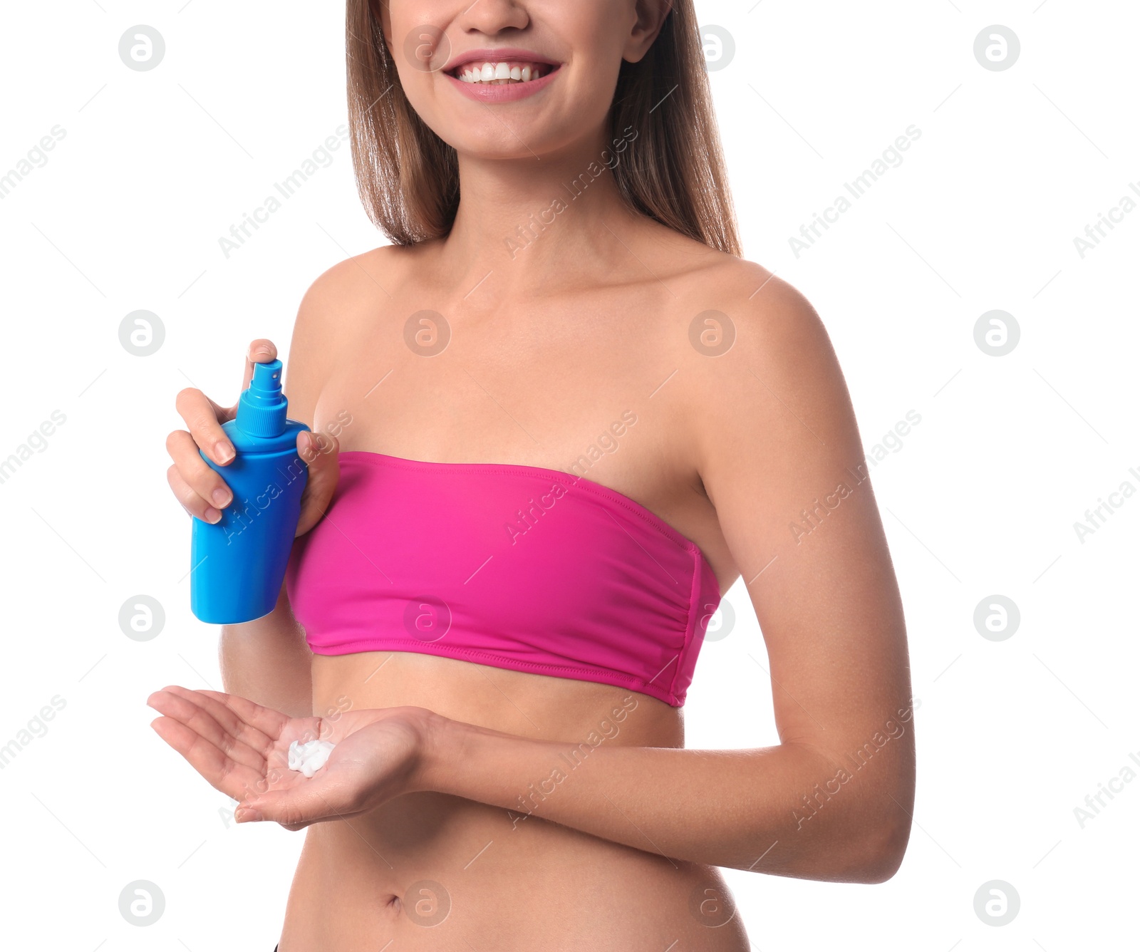 Photo of Woman applying sun protection cream on body against white background, closeup