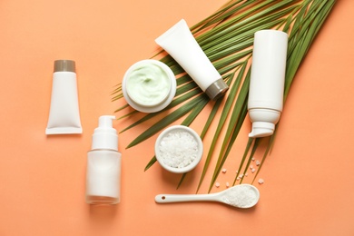 Photo of Different skin care cosmetic products with green leaf on color background, top view