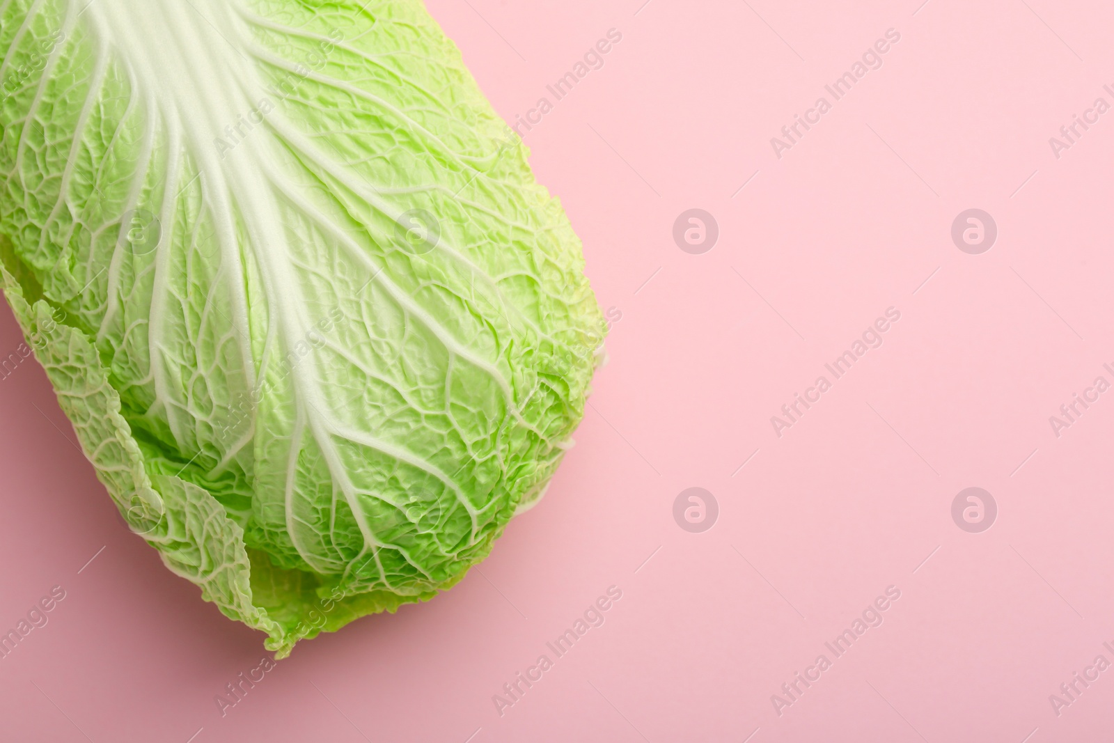 Photo of Fresh ripe Chinese cabbage on pink background, top view. Space for text