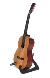 Photo of Acoustic guitar on stand against white background