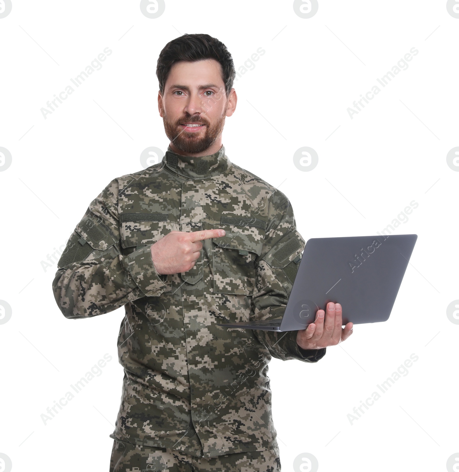 Photo of Soldier with laptop on white background. Military service