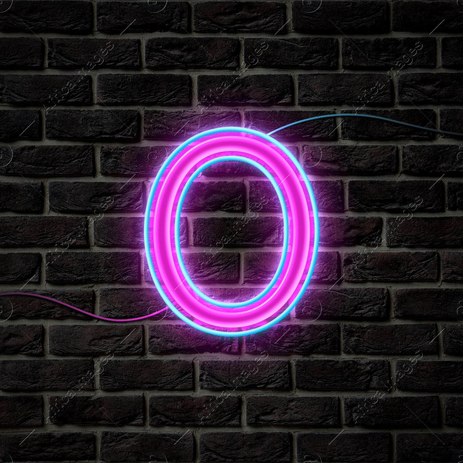 Image of Glowing neon number 0 sign on brick wall