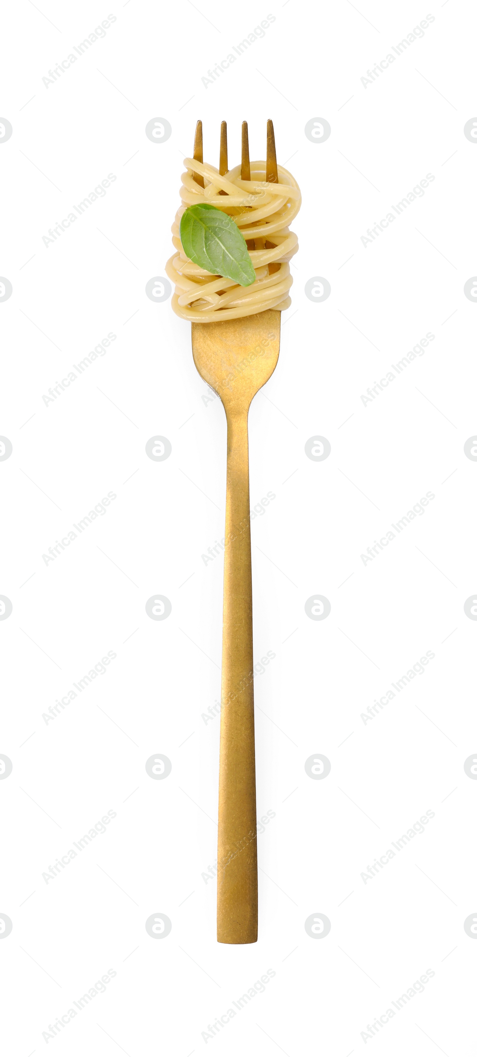 Photo of Fork with tasty pasta and basil isolated on white, top view