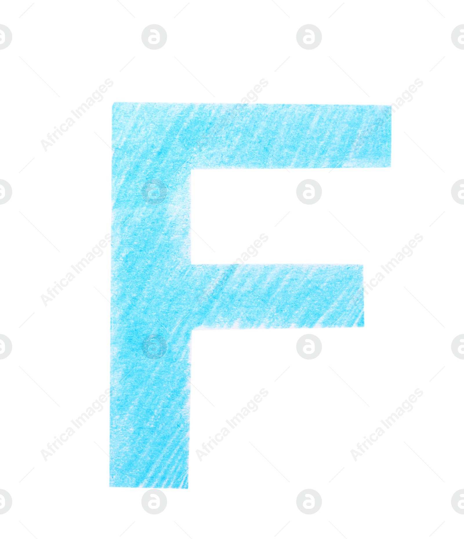 Photo of Letter F written with light blue pencil on white background, top view