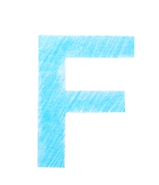Photo of Letter F written with light blue pencil on white background, top view