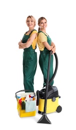 Photo of Female janitors with cleaning equipment on white background