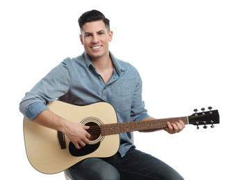 Photo of Man with guitar on white background. Music teacher