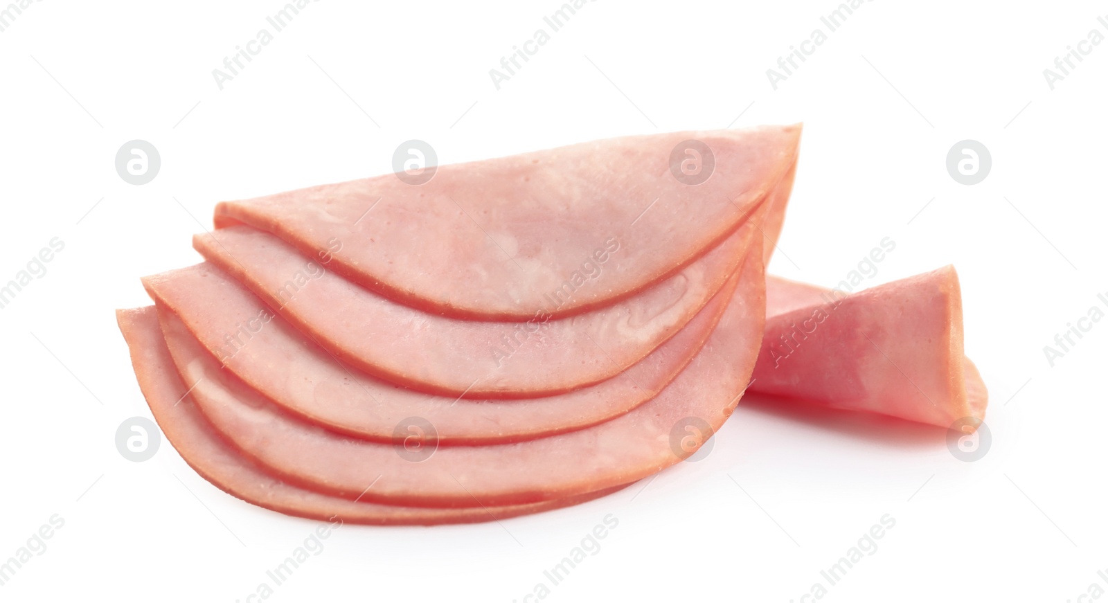 Photo of Slices of tasty fresh ham isolated on white