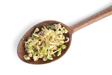 Wooden spoon of sprouted green buckwheat isolated on white, top view