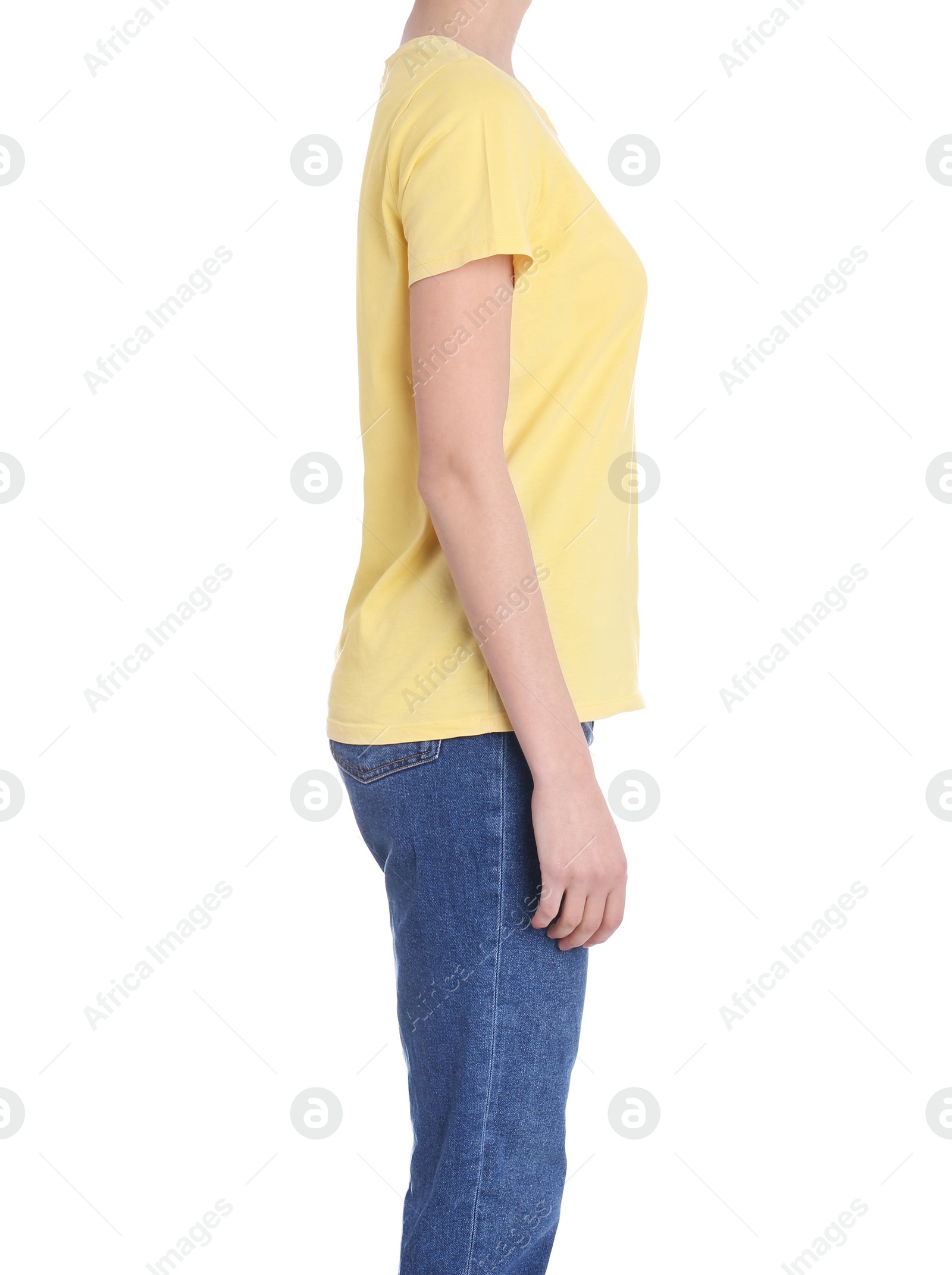 Photo of Young slim woman on white background, closeup. Weight loss