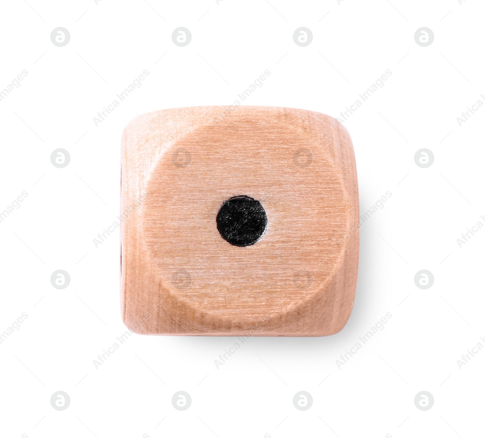 Photo of One wooden game dice isolated on white, top view