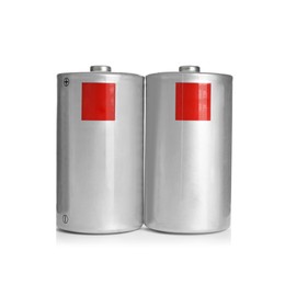 New D batteries on white background. Dry cell