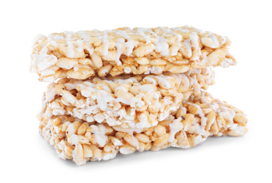 Photo of Delicious rice crispy treats on white background