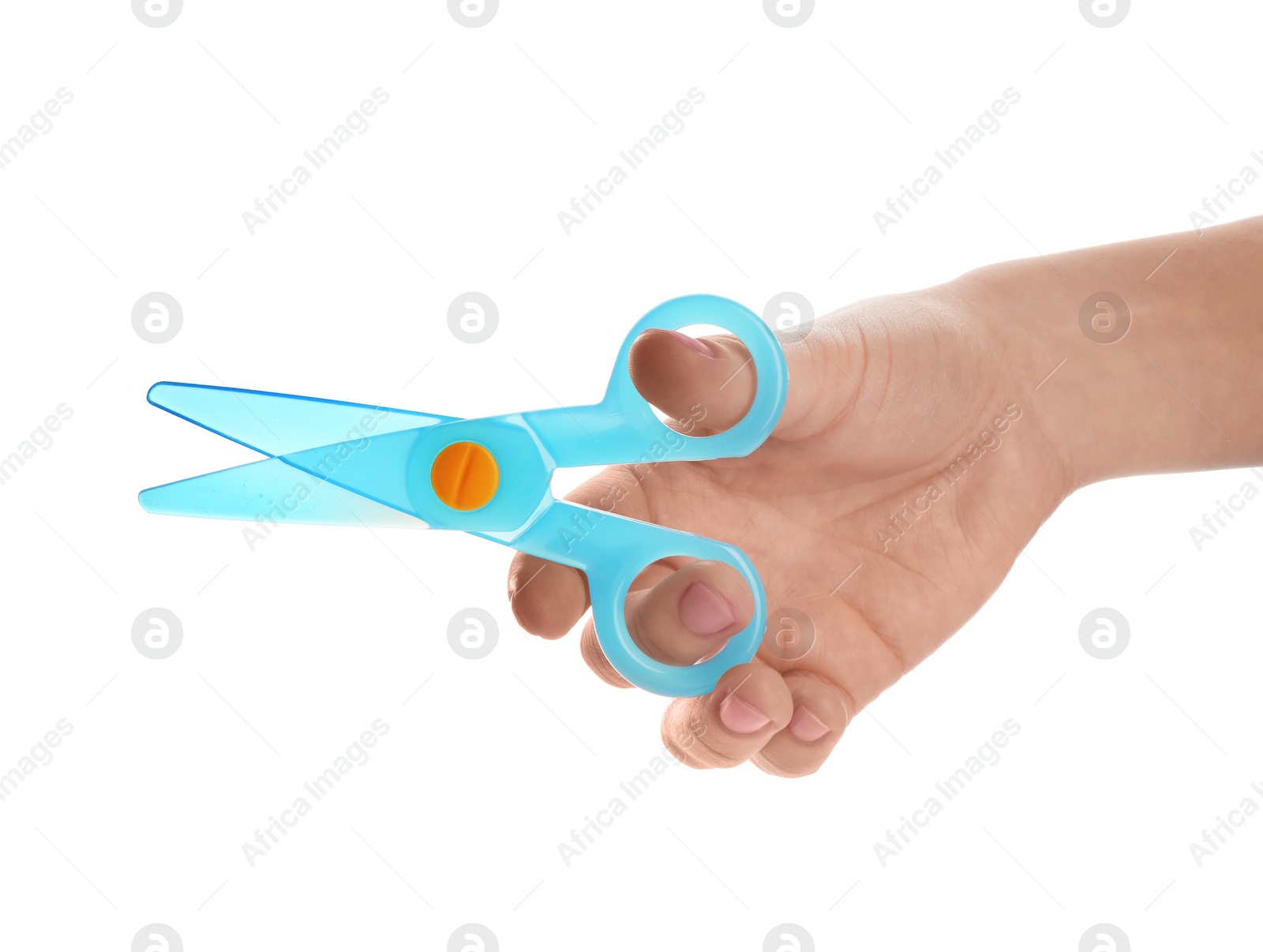 Photo of Woman holding colorful plastic scissors on white background, closeup