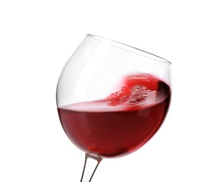 Photo of Glass with delicious red wine on white background