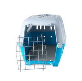 Photo of Light blue pet carrier isolated on white