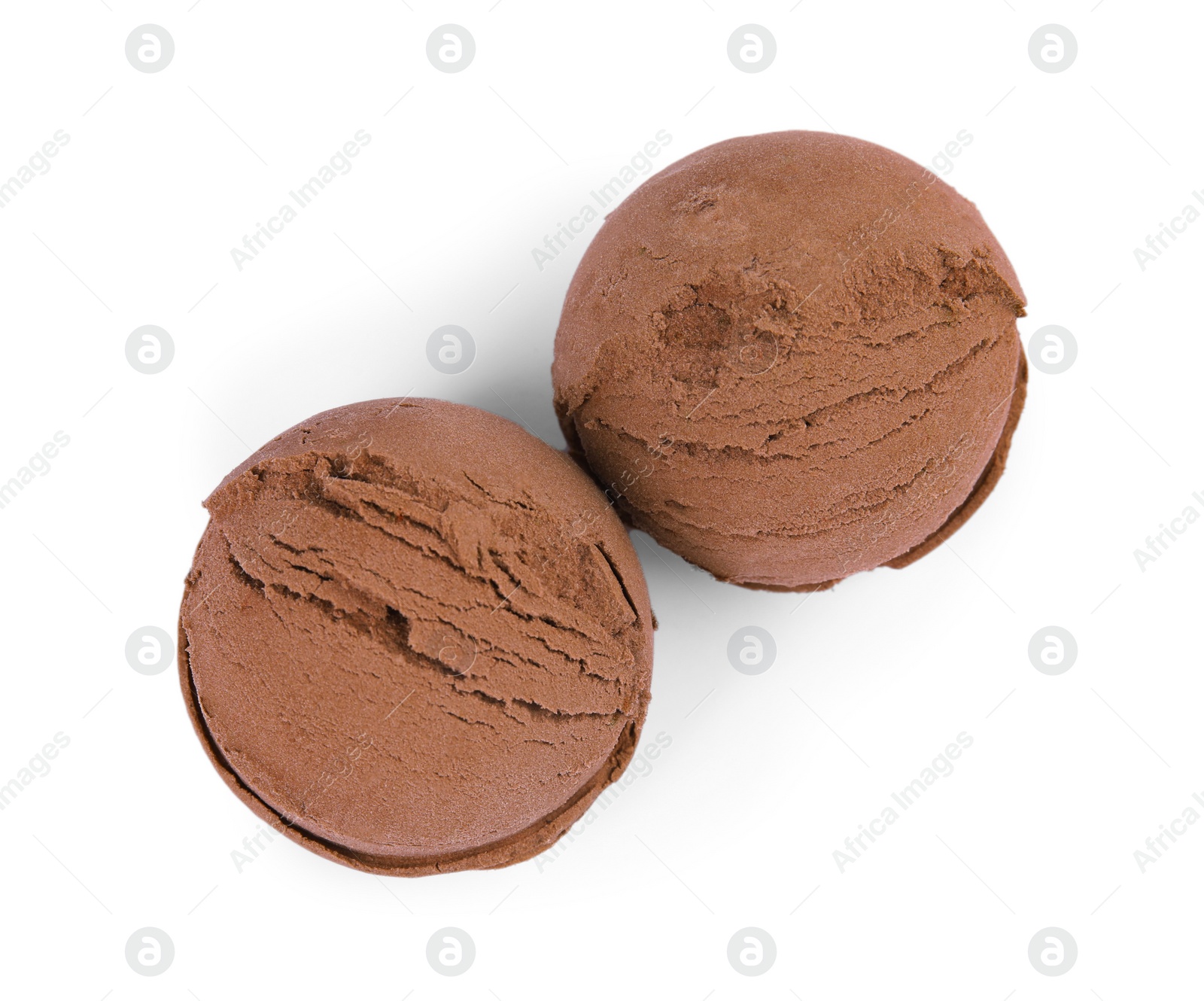 Photo of Scoops of chocolate ice cream isolated on white, top view
