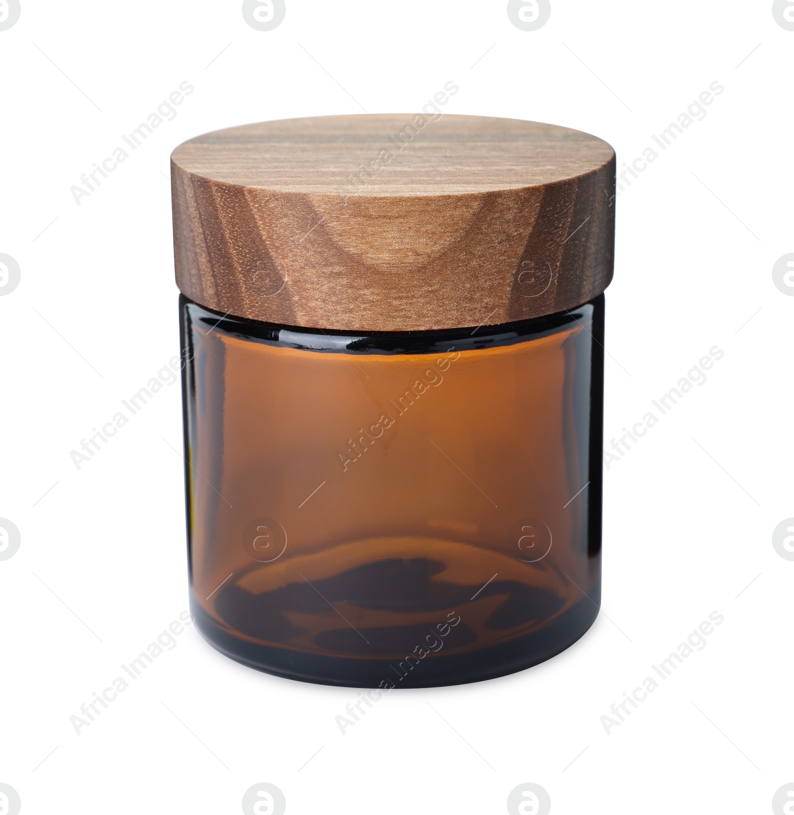 Photo of New empty glass jar with wooden lid isolated on white