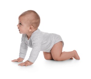 Photo of Cute little baby crawling on white background