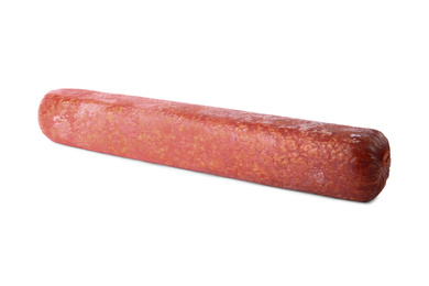 Photo of Delicious smoked sausage isolated on white. Fresh meat product