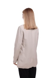 Photo of Businesswoman posing on white background, back view