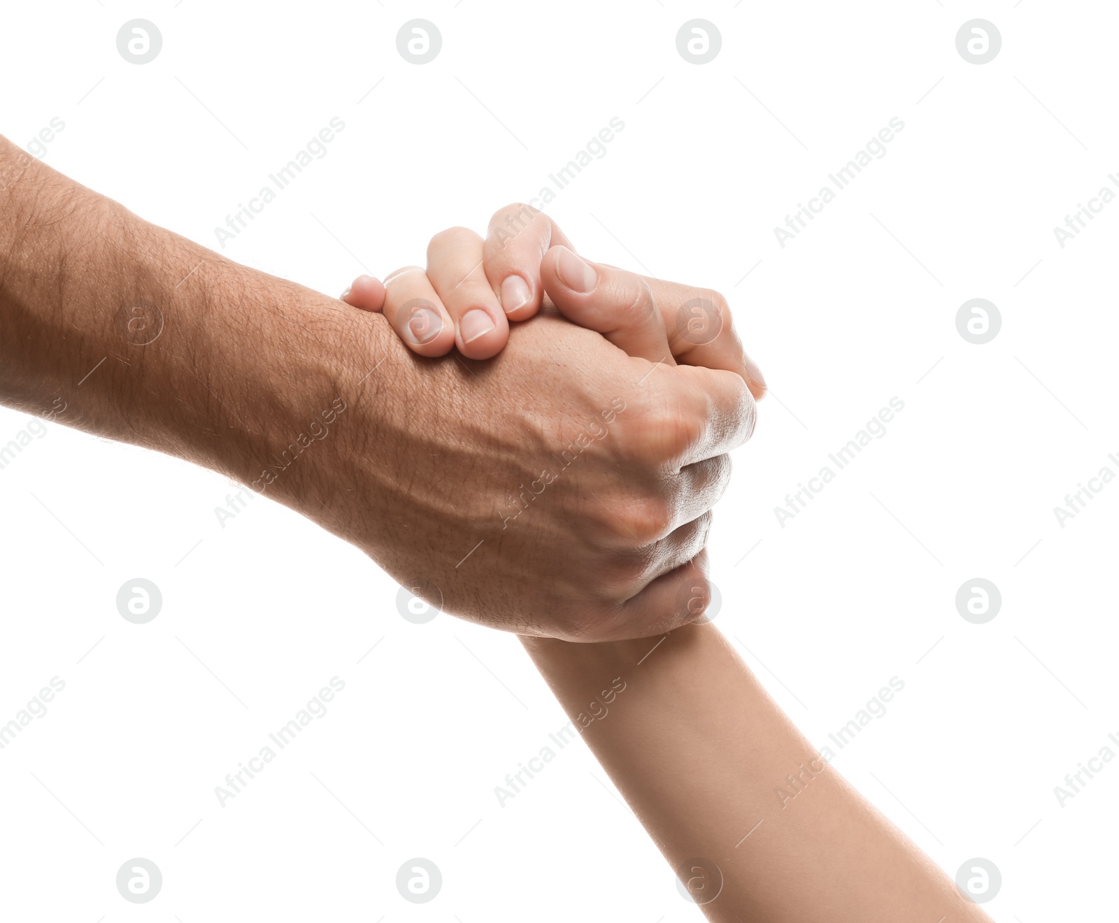 Photo of Man and woman holding hands on white background, closeup. Help and support concept