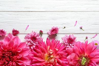 Photo of Flat lay composition with beautiful dahlia flowers and space for text on wooden background