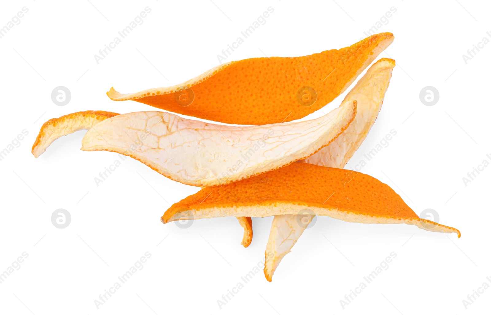 Photo of Dry orange peels isolated on white, top view