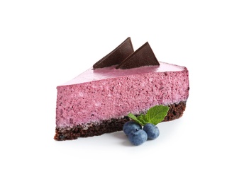 Photo of Piece of tasty blueberry cake on white background