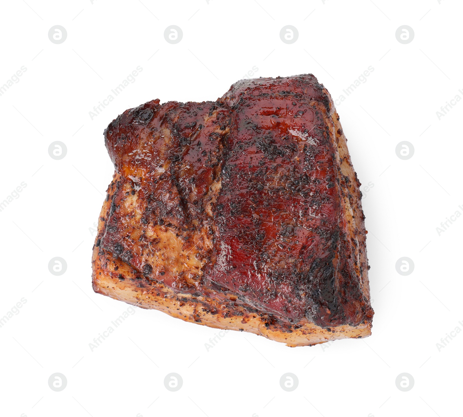 Photo of Piece of tasty baked pork belly isolated on white, top view