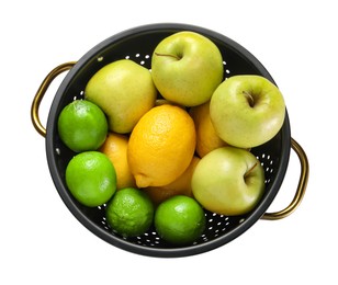 Photo of Colander with fresh fruits isolated on white, top view